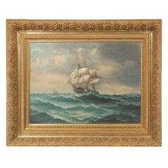 19th Century Signed American Oil Painting of a Ship at Sea
