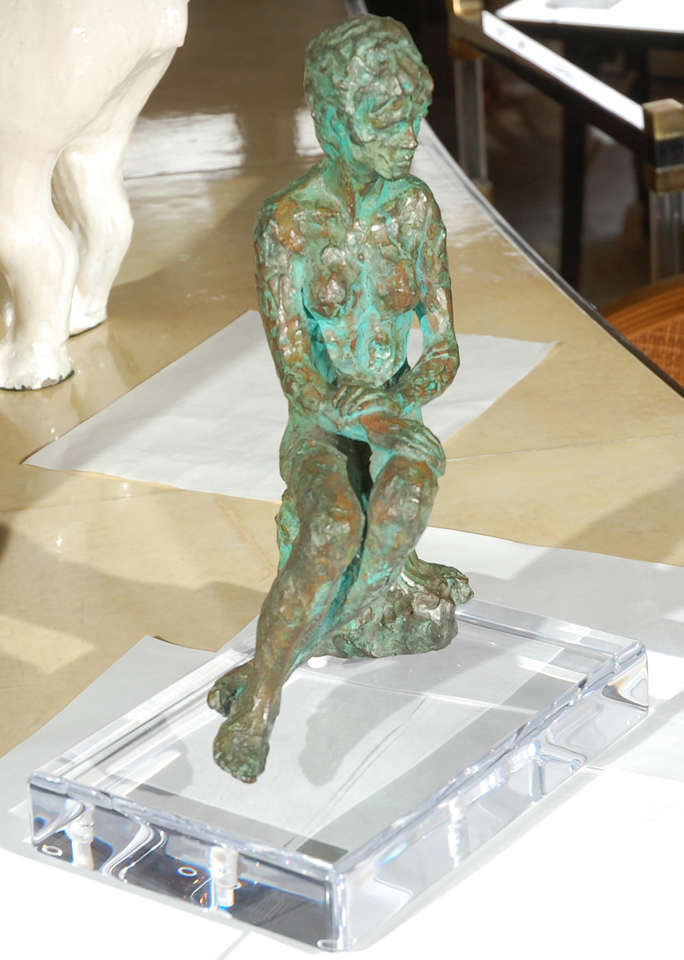 Elegant Bronze Nude Women Sculpture With Green Patina On Lucite Base.