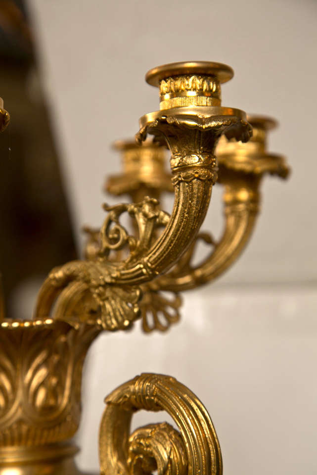 Mid-Century Modern Pair Empire Style 7 Light Gilded Bronze Candleabra For Sale