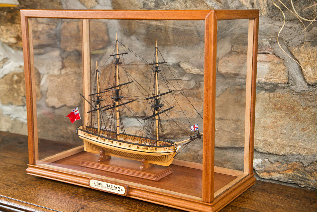 19th Century Handmade Plank on Frame Ship Model, H.M.S. Pelican For Sale