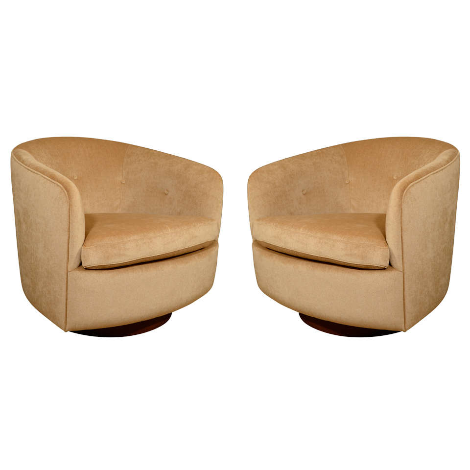 Pair of Swivel Lounge Chairs on Walnut Base