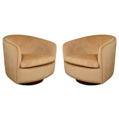 Pair of Swivel Lounge Chairs on Walnut Base