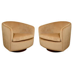 Pair of swivel lounge chairs on walnut base 4