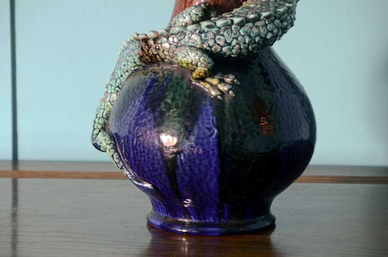 British Burmantofts:  English Aesthetic Movement Vase with Applied Lizard For Sale