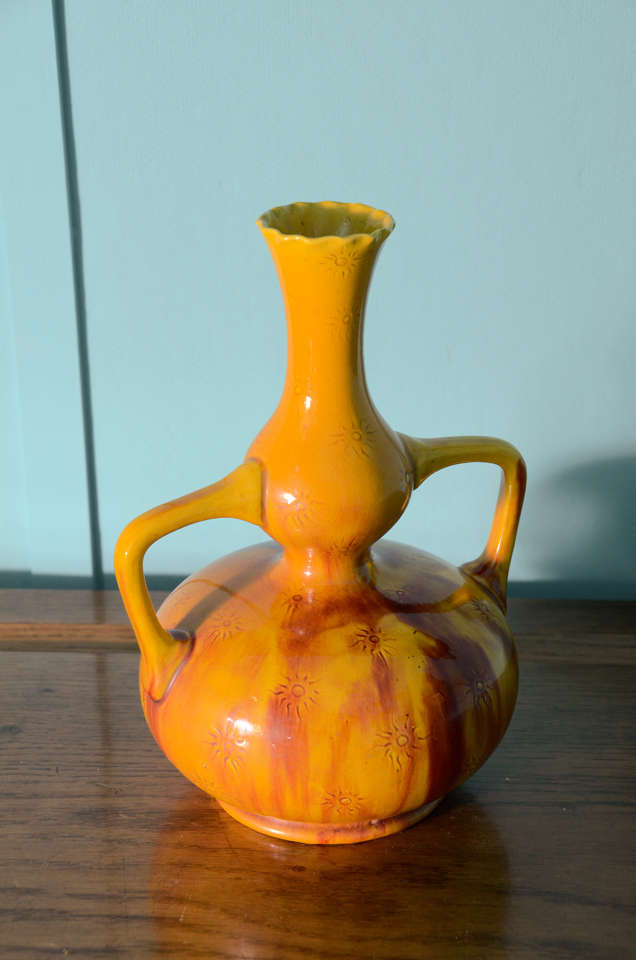 Prime Burmantofts Double-Handle, Double-Gourd, High yellow glaze with red wash and Sgraffito 