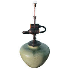 Antique Fulper Green-glazed Pottery Lamp, Early 20th Century
