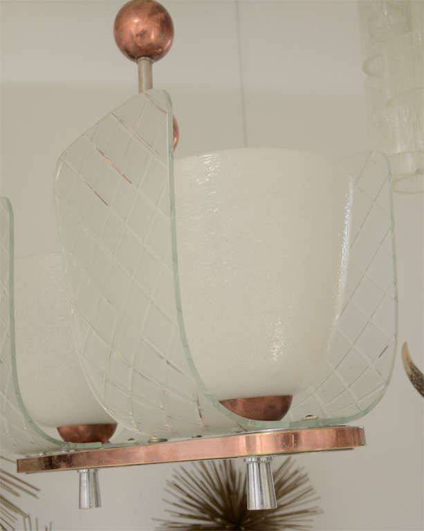 Italian Murano Two-Light Chandelier with Copper Accents & Conical Frosted Glass Globes