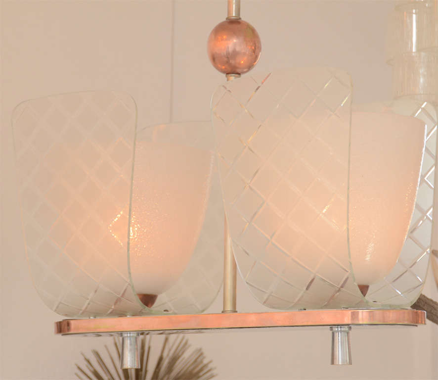 Mid-20th Century Murano Two-Light Chandelier with Copper Accents & Conical Frosted Glass Globes