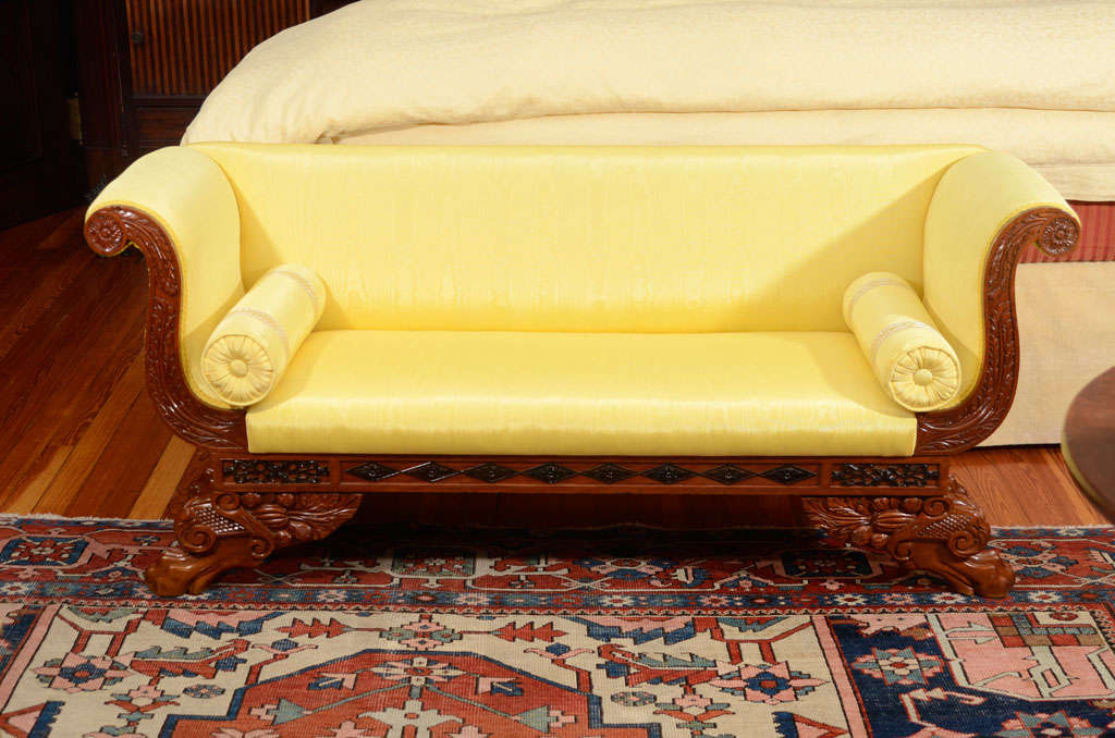 Diminutive Chinese Export Upholstered Childs Sofa with Paw Feet In Good Condition For Sale In New York, NY