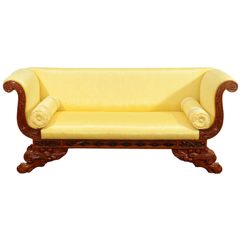 Diminutive Chinese Export Upholstered Childs Sofa with Paw Feet For Sale
