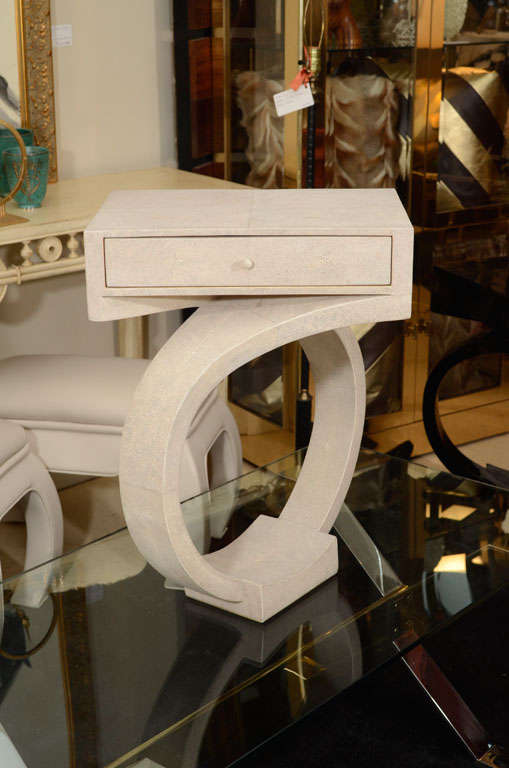 Pair of elegant, Art Deco style side tables or nightstands made of shagreen. Cream color, France, circa 1980.