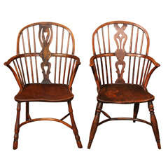 Antique Matched Pair of English Yew Wood Windsor Armchairs