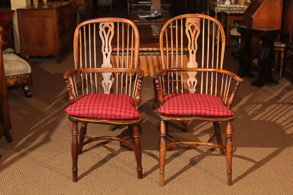 Matched Pair of English Yew Wood Windsor Armchairs

These are a beautiful pair of 18th century high back Windsors from England. The majority of the top of the chair (from the seat up) is all Yew wood. Yew wood is an old world wood, valued for