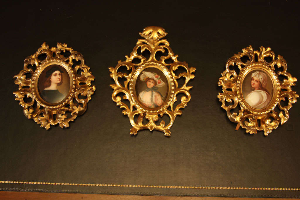 Set of Three Venetian Miniature Gilt Frames with Portraits

These are 19th century Giltwood frames with porcelain paintings in each. 

The frames on the left & right are a matching pair and the center is the same style but a slightly different