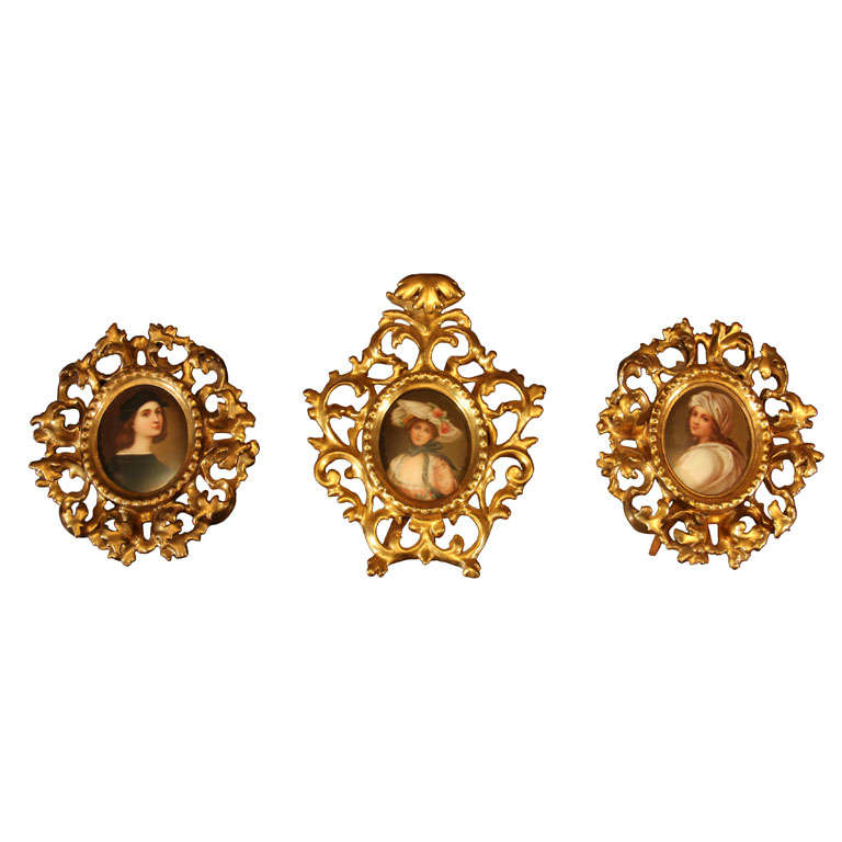 Set of Three Venetian Miniature Gilt Frames with Portraits