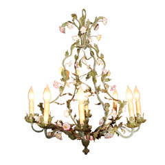 Italian Painted Chandelier with Porcelain Flowers