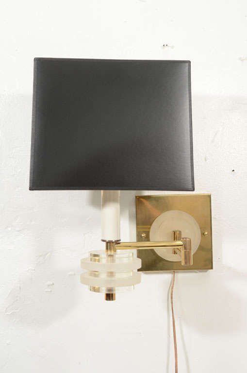 Pair of Brass and Lucite Swing Arm Wall Sconces