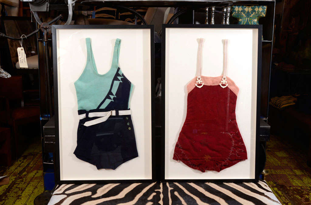 Whimsical Pair of Original 1930's Bathing Costumes in Shadow Box Frames.