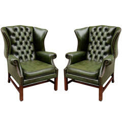Pair of English Green Leather Wingback Chairs