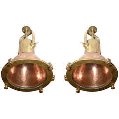 Vintage Pair of Copper & Brass Nautical Pendant Lights
