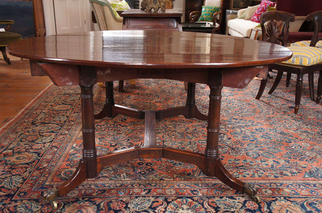 Nice Regency period mahogany oval drop-leaf dining/breakfast table. Oval top on four turned supports, downswept legs ending in brass hairy paw feet and casters.