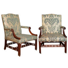 A Fine Pair of Antique 18th Century Gainsborough Chairs in Fortuny Fabric