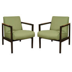 Pair Of ebony, brass and linen lounge chairs