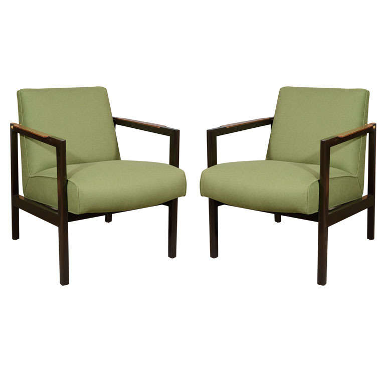 Pair Of ebony, brass and linen lounge chairs For Sale