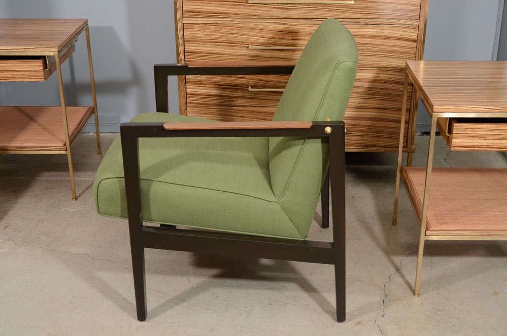 Ebony Pair Of ebony, brass and linen lounge chairs For Sale
