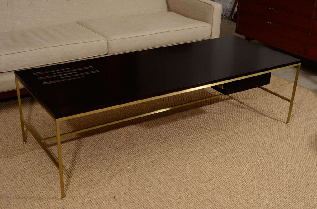 Limited edition ebony and brass coffee table with inlaid Pamela Sunday tiles. Table also has a drawer.