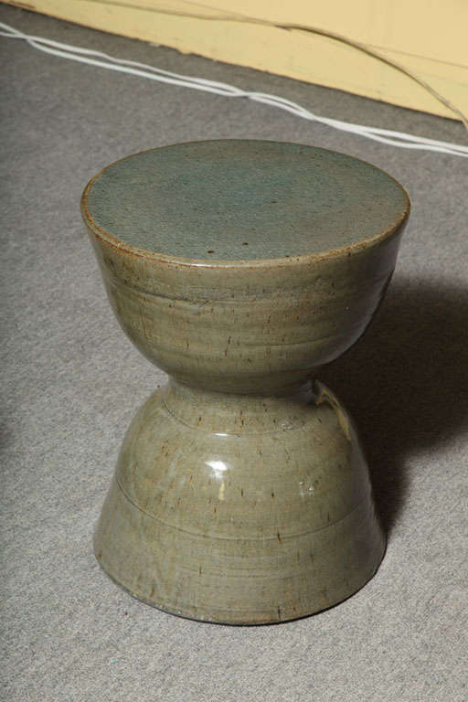 Glazed Hourglass Shaped Handmade Ceramic Drinks Table or Stool with Celadon Glaze