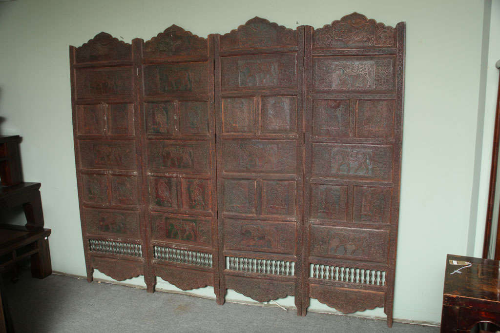 Indian Large Four-Panel Teak Wood Early 20th Century Floor Screen with Carved Animals