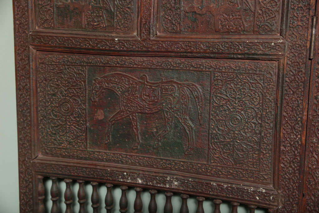 Large Four-Panel Teak Wood Early 20th Century Floor Screen with Carved Animals 4