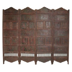 Antique Large Four-Panel Teak Wood Early 20th Century Floor Screen with Carved Animals