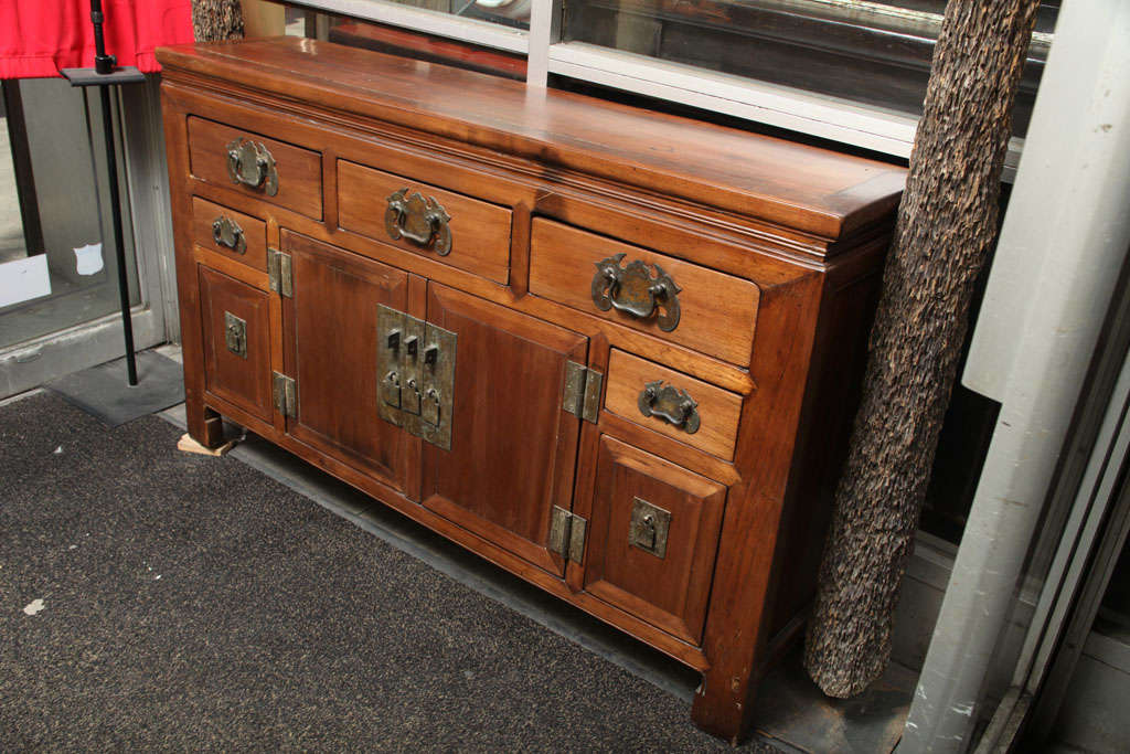 Chinese Narrow Elmwood Sideboard With Brass Hardware From Southern China, 19th Century 