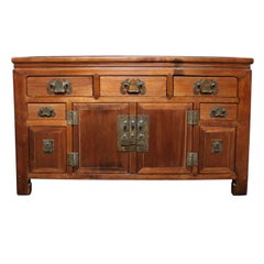 Narrow Elmwood Sideboard With Brass Hardware From Southern China, 19th Century