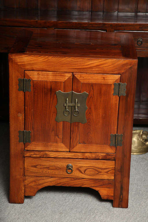 Patinated Shanxi Style Elmwood Bedside Cabinet With Traditional Brass Hardware Circa 1900 For Sale