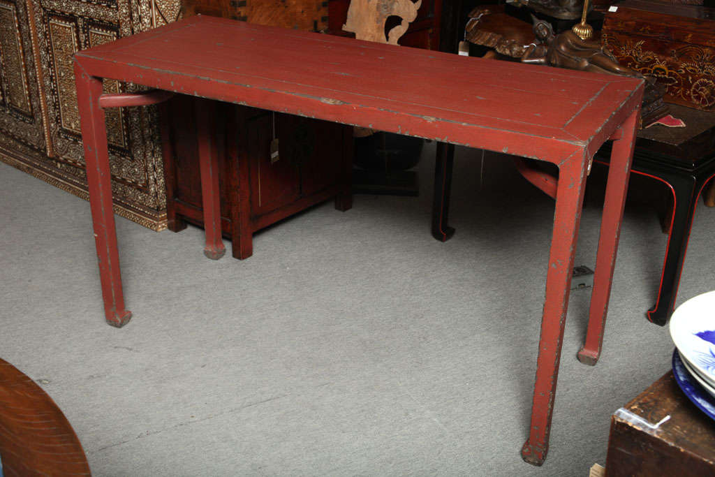 Chinese Antique Linen Covered Red Lacquered Elmwood Console Table, 19th Century China