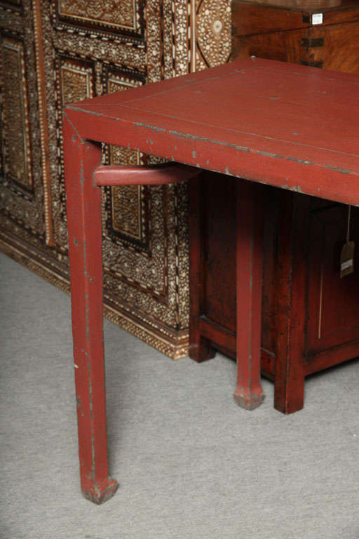Antique Linen Covered Red Lacquered Elmwood Console Table, 19th Century China In Good Condition In Yonkers, NY