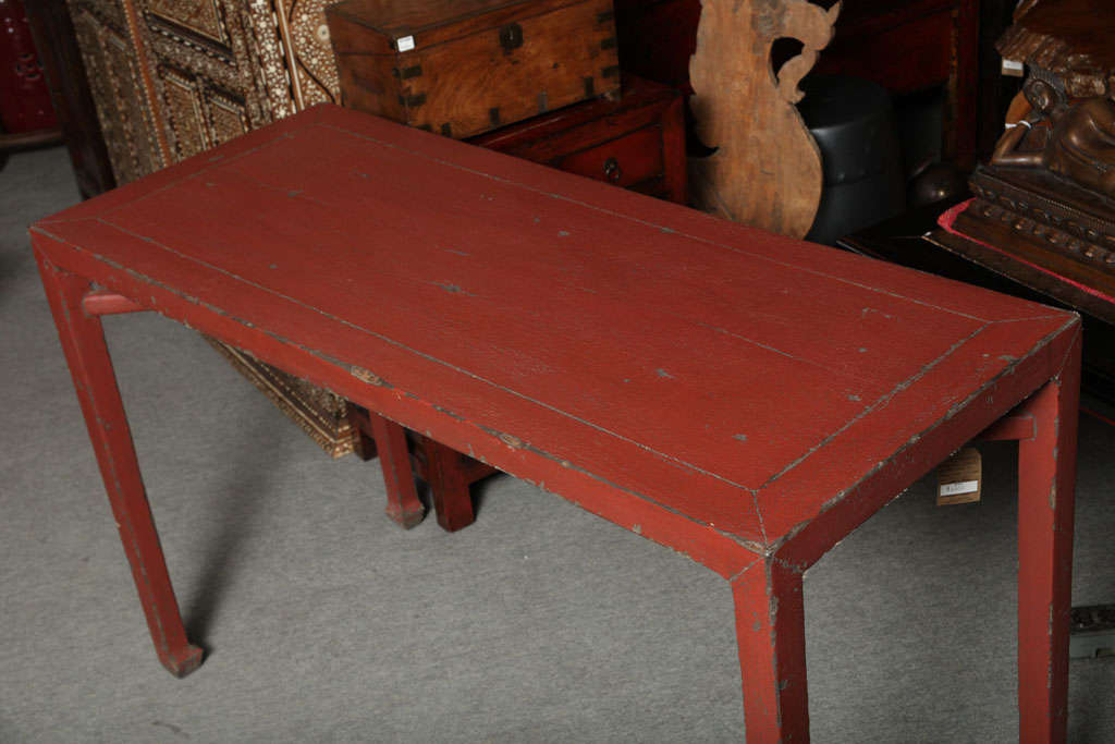 Antique Linen Covered Red Lacquered Elmwood Console Table, 19th Century China 3