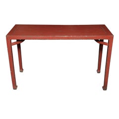 Antique Linen Covered Red Lacquered Elmwood Console Table, 19th Century China
