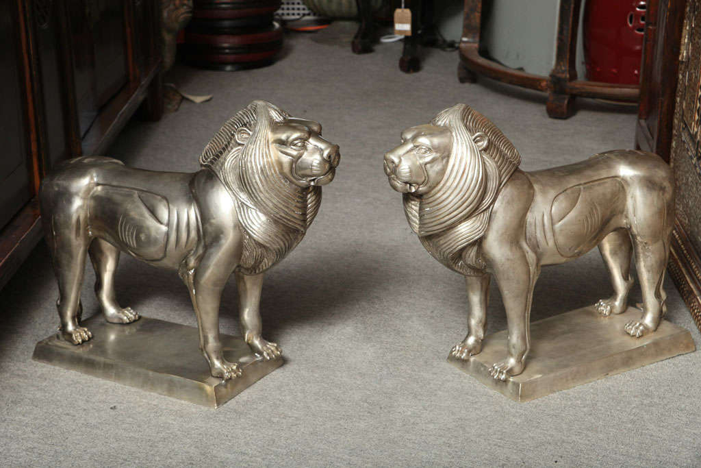 Pair of Silvered Bronze Lions