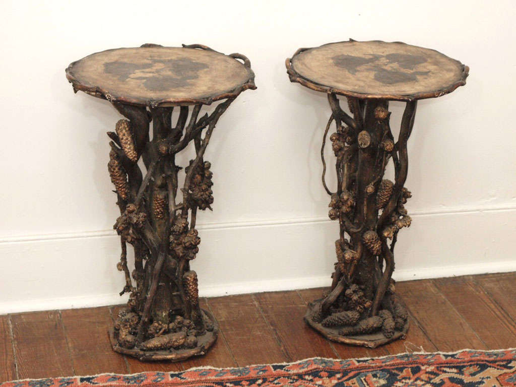 Adirondak style tables made of twigs and pinecones.  Perfect for a lodge, cabin or vacation house.
