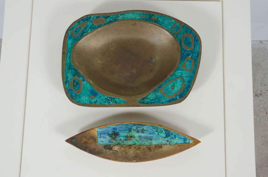 Mexican Set of Brass and Ceramic Inlay Trays by Pepe Mendoza