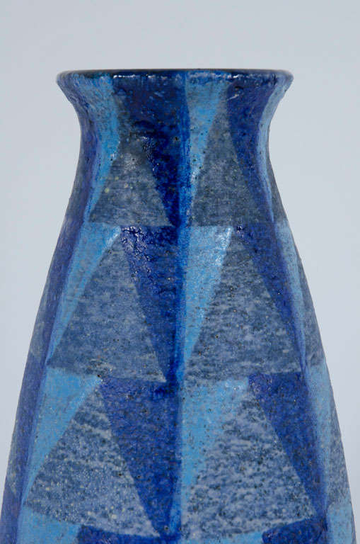 Mid-Century Modern Italian Tall Blue Geometric Designed Ceramic Vase by Bitossi For Sale