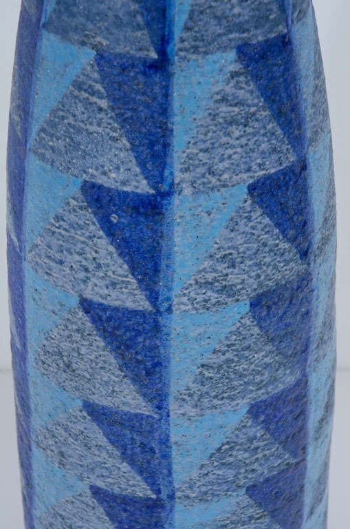 Glazed Italian Tall Blue Geometric Designed Ceramic Vase by Bitossi For Sale