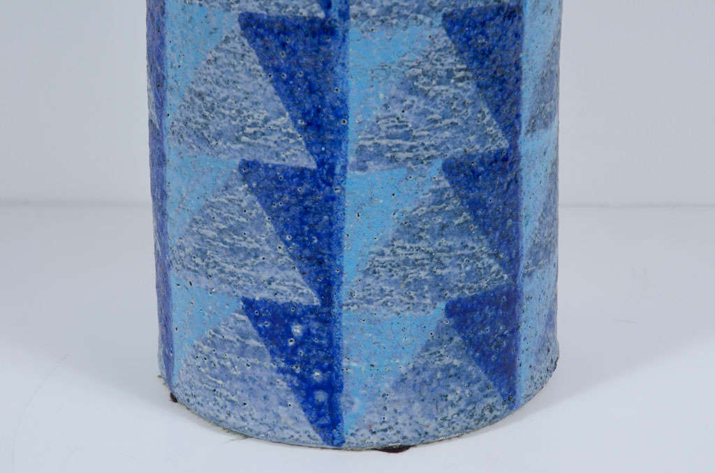 Mid-20th Century Italian Tall Blue Geometric Designed Ceramic Vase by Bitossi For Sale