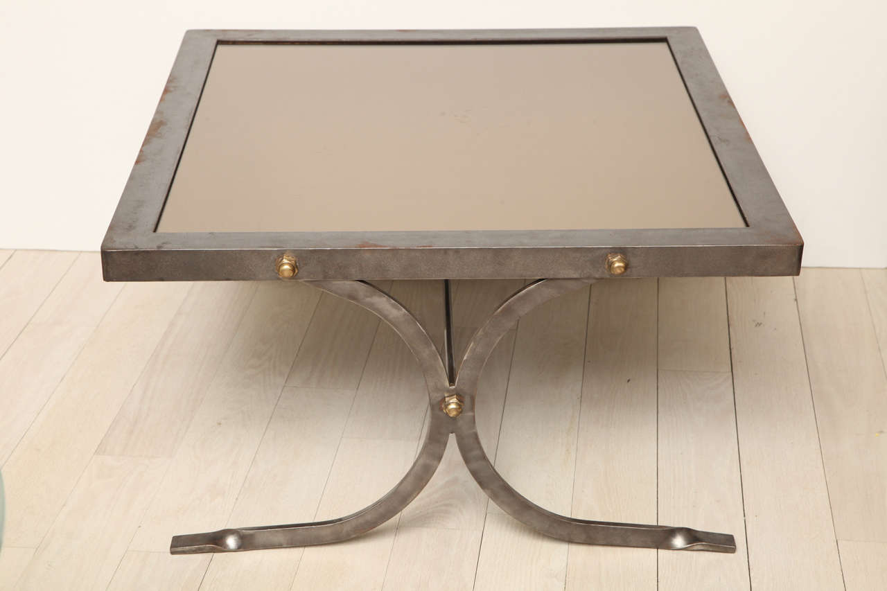 French Pair of Maison Jansen Steel Coffee Tables with Smoked Mirrored Tops, France