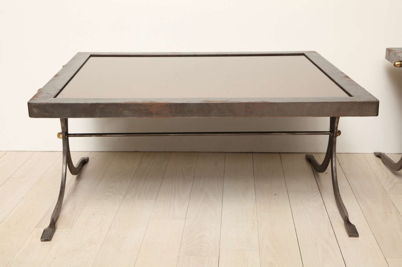 Mid-20th Century Pair of Maison Jansen Steel Coffee Tables with Smoked Mirrored Tops, France