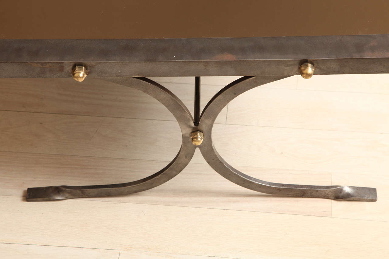 Pair of Maison Jansen Steel Coffee Tables with Smoked Mirrored Tops, France 2